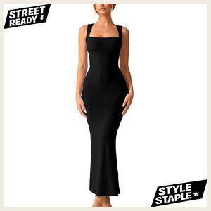 Sleeveless Maxi Dress Square Neck Lace Detail Ribbed Lounge Formal